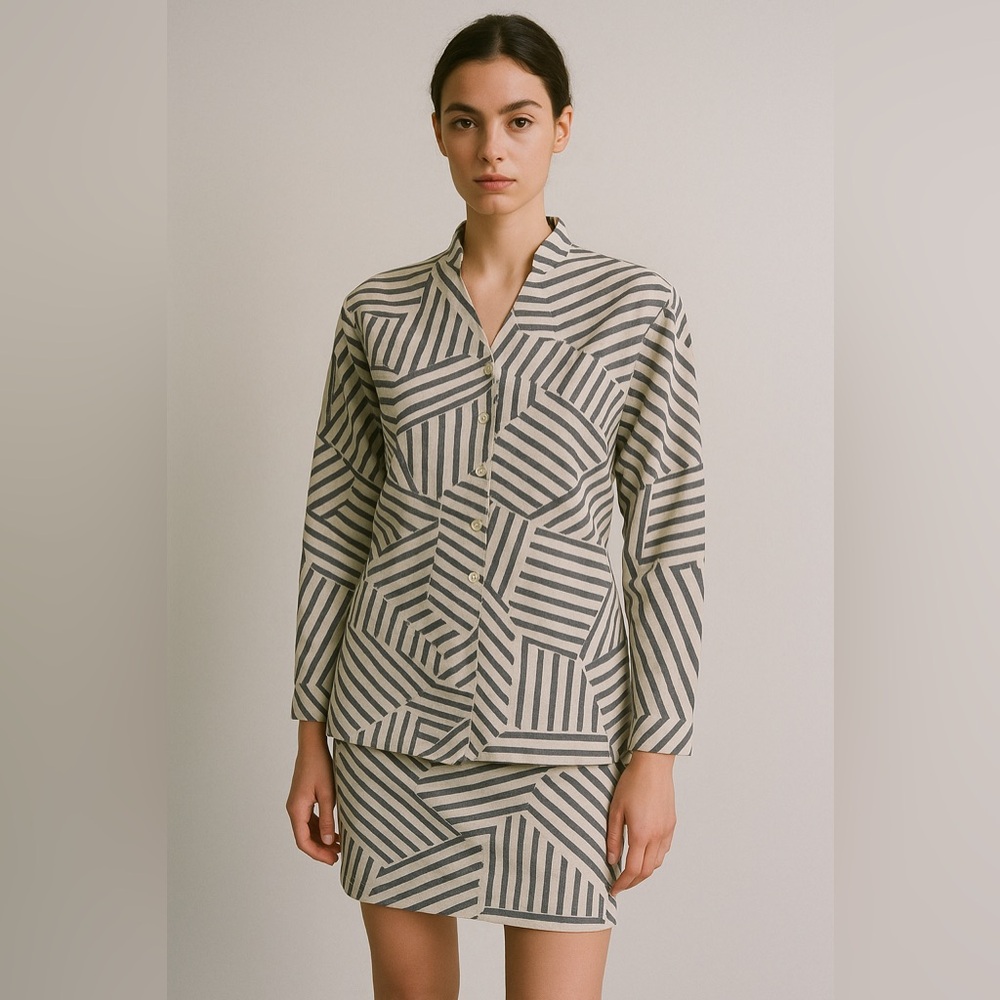 Vintage Nicole Miller Geometric Stripe Skirt Blouse Set Talon Zipper 90s Suit